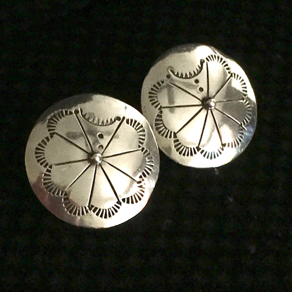 Sterling Silver Floral Concho Stud Earrings - Silver